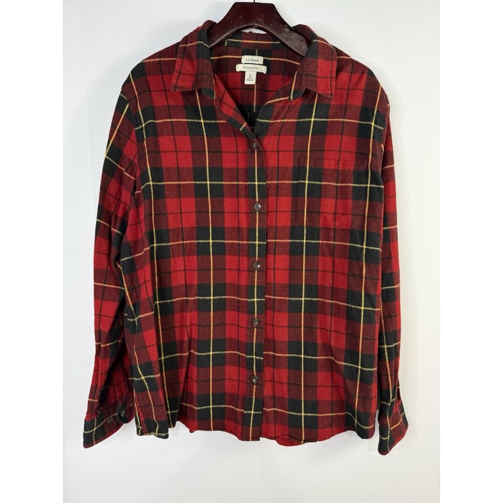 LL Bean‎ Flannel Button Down Top Women's XL Red Black Relaxed Fit Cabin Rustic